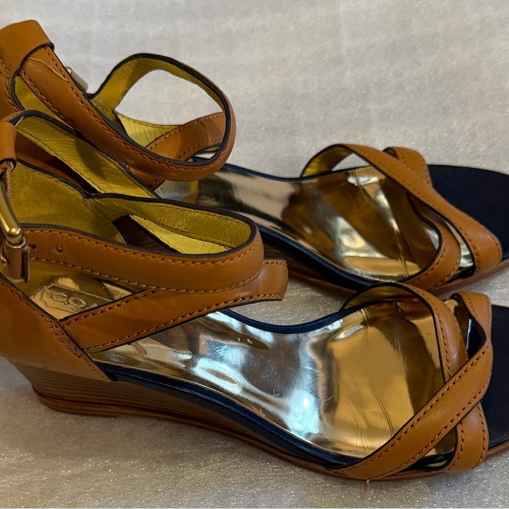 Coach CORETTA VEGAN Leather Wedge Heels in ginTan and Gold Strappy Heels in Ging - Picture 7 of 13